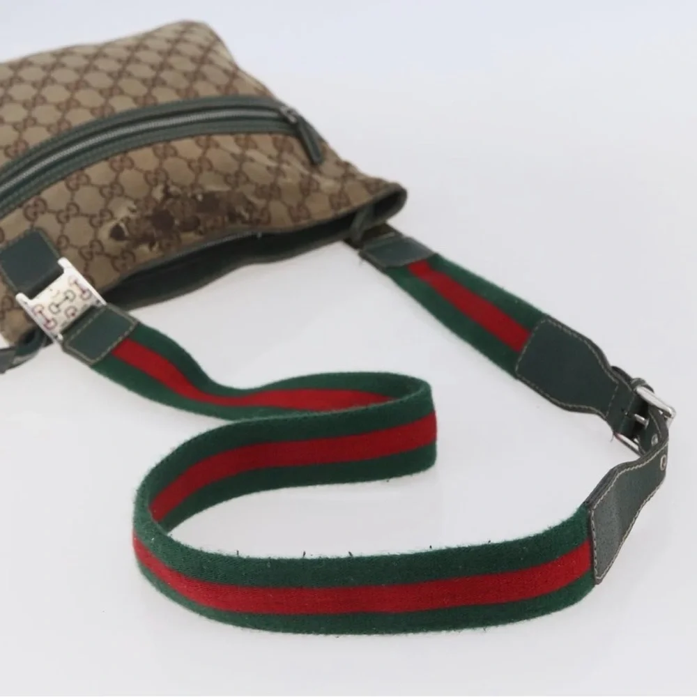 Gucci Beige Brown GG Canvas Messenger Bag with Green-Red Strap
